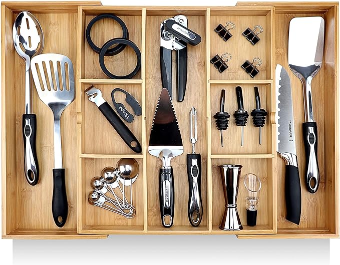 Expandable Drawer Organizers for Kitchen - Extra Deep Non-Slip 17” x 14.6” (expands up to 25 inches) - Dark Wooden Silverware Divider (10 Compartments) – Organize Cooking Utensils