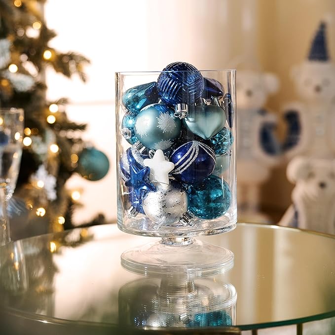 Valery Madelyn 28Pcs Christmas Heart Shaped Ornaments Gift Pack, Navy Blue Silver Craft Painted Tree Heart Decorations, Christmas Baubles Hanging Indoor Holiday Party Xmas Decor