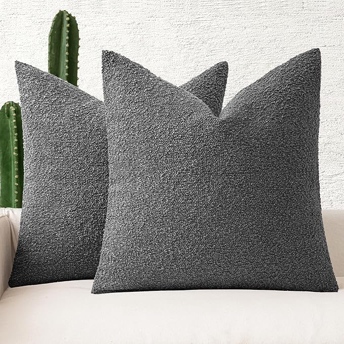 MIULEE 24x24 Decorative Euro Sham Throw Pillows for Bed Set of 2 Textured Boucle Neutral Throw Pillow Coverss Dark Gray Accent Solid Couch Pillowcase Cozy Soft Sofa Livingroom Home Decor