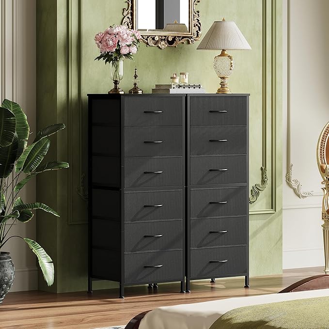 WLIVE Black Tall Dresser for Bedroom, 6 Drawer Dressers & Chests of Drawers, Fabric Dresser for Closet, Living Room, Night Stand with Metal Frame, Storage Tower with Fabric Bins, Wood Top