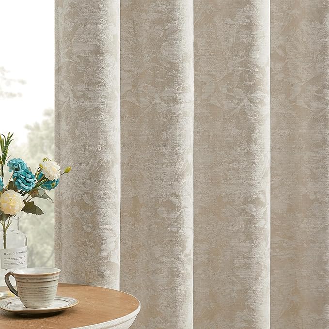 Beauoop Beige Floral Jacquard Blackout Curtains 96 Inches Long 2 Panels for Bedroom Living Room Taupe Flower Chenille Room Darkening Thermal Insulated Soundproof Grommet Window Treatments Drapes 52x96