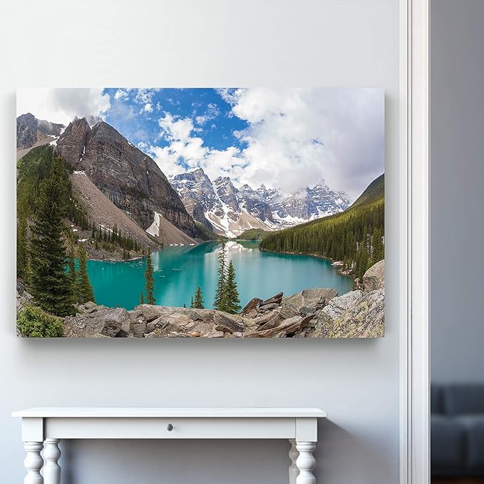 Renditions Gallery Canvas Nature Artwork Banff Valley Snowy Mountaing Range along the Lake Hanging Prints for Living Room Office Walls - 24"X36" LT08