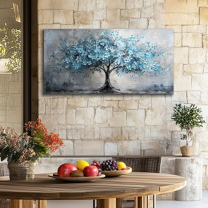 crmotu Tree of Life Large Wall Art for Living Room, Cherry Blossom Abstract Canvas Art Prints, Blue Flowers Tree Pictures Wall Decor, Nature Plant Modern Bedroom Bathroom Office Decor 24"X48"