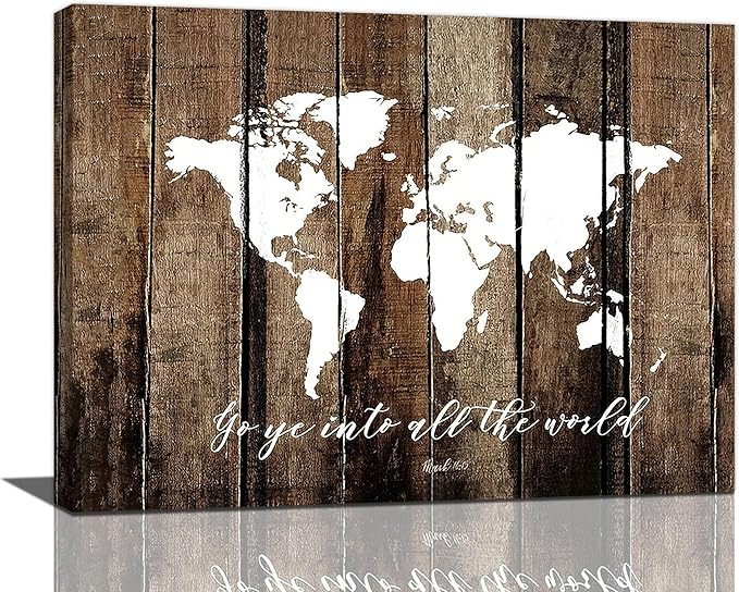 Large World Map Wall Art Rustic World Map Pictures Wall Decor Go Ye Into All The World and Preach The Gospel Canvas Painting Print Home Artwork Framed for Living Room Bathroom Master Bedroom 16"x12"