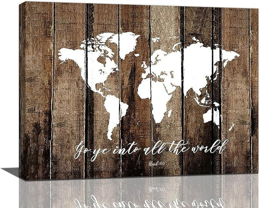 Large World Map Wall Art Rustic World Map Pictures Wall Decor Go Ye Into All The World and Preach The Gospel Canvas Painting Print Home Artwork Framed for Living Room Bathroom Master Bedroom 16"x12"