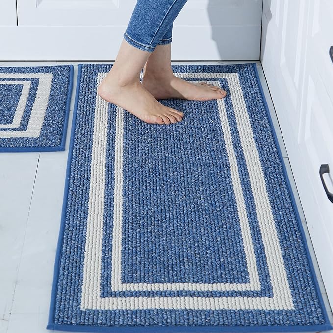 COSY HOMEER Kitchen Rugs Non-Slip 20x30/20x48 Inch Thick Polypropylene Standing Mat for Home Machine Washable, Bule Frame