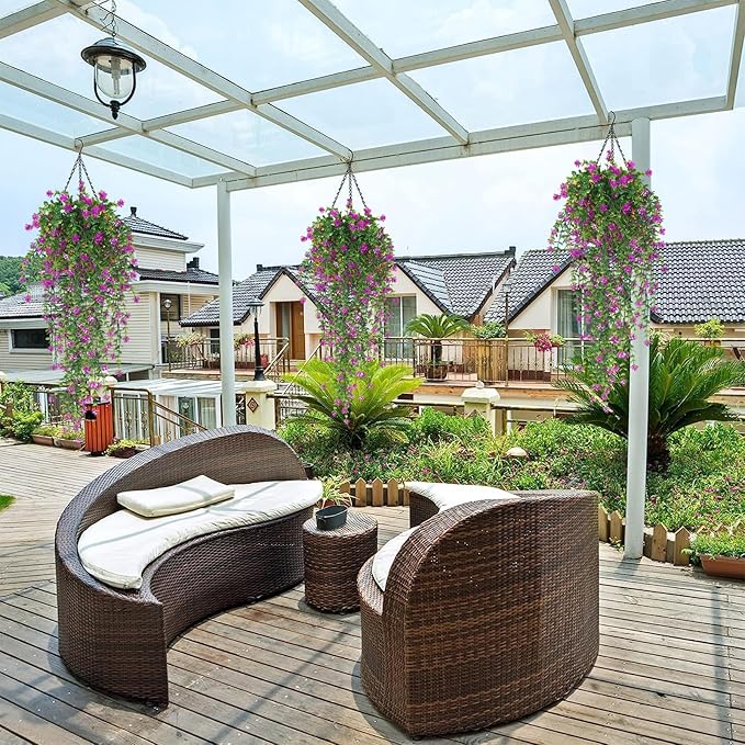 SJL Faux Hanging Plant 4 Pack Hanging Vines Plants Indoor Realistic Artificial Fake Small Hang Plant Leaves Faux Outdoor Plants Plastic Flowers Stem Decor for Wall Room Party (Fuchsia)