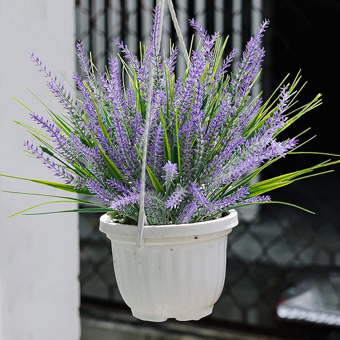 Uieke 6pcs Outdoor Artificial Lavender Plants, 14.5in UV Resistant 3PCS Fake Lavender Flowers with 3 PCS Faux Grass Greenery Stems for Home Kitchen Hanging Planter Garden Patio Décor Purple
