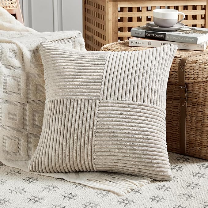 Fancy Homi 4 Packs Neutral Taupe Decorative Throw Pillow Covers 16x16 Inch for Living Room Couch Bed, Rustic Farmhouse Boho Home Decor, Soft Cross Patchwork Corduroy Textured Square Cushion Case 40cm