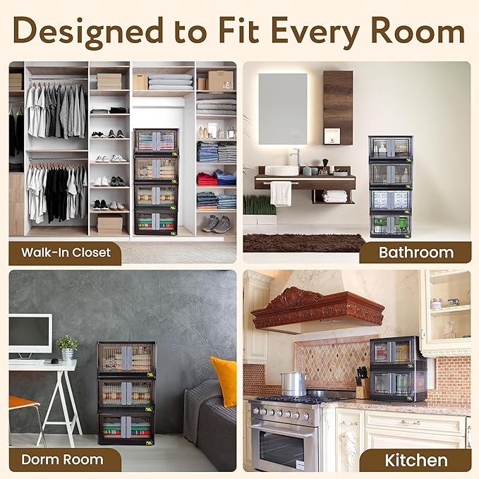 Quik Box - 8.5 Gallon 3-Pack Stackable Storage Bins with Doors & Wheels - Collapsible Organizer for Dorms, Bedroom & Home - Durable Polystyrene - Black