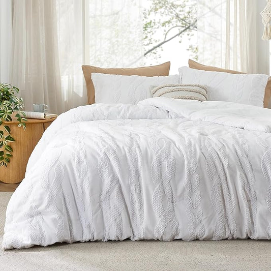 Bedsure King Size Comforter Set White, Boho Tufted Bed Set, Farmhouse Jacquard Cable Knit Pattern Bedding, 3 Pieces, 1 Shabby Chic Fluffy Comforter & 2 Pillow Shams