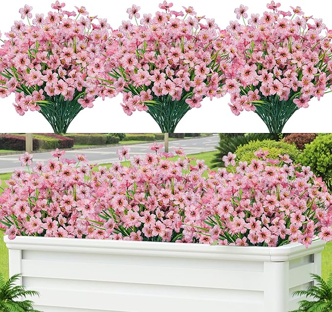 Lnoicy 12 Pcs Artificial Flowers for Outdoor,Plastic Flowers Decoration, UV Resistant Faux Flowers Shrubs, Artificial Plants for Indoor Outside Garden Home Wedding Farmhouse（Pink）