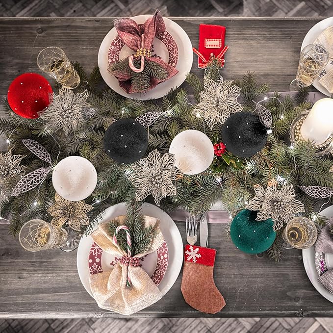 Christmas Tree Ornaments Set Velvet Balls, 12pcs Shatterproof Christmas Bulbs Ornaments for Xmas Tree Decorative Hanging, Vintage Flocked Decoration, 78mm, 3.1in, Multicolor Green Neutral Red Black