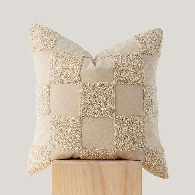 Double Stitch 100% Cotton Throw Pillow Covers - Checkered Tufted Boho Decorative Pillow Covers 18x18, Made in India, Square Cushion Case, Modern Home Decor for Couch, Sofa, Living Room, Oat