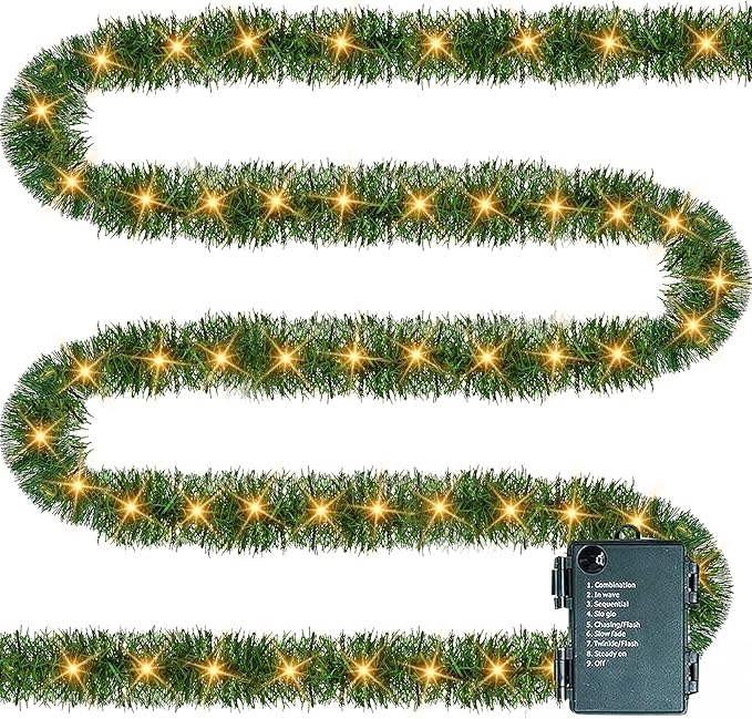 TW SHINE 30 FT Pre-Lit Christmas Garland Decorations, 100 LED Lighted Artificial Pine Garlands with 8 Modes, Green Garland for Indoor Outdoor Door Home Stairs Holiday Decor, Warm White