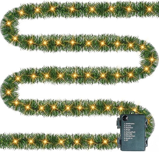 TW SHINE 30 FT Pre-Lit Christmas Garland Decorations, 100 LED Lighted Artificial Pine Garlands with 8 Modes, Green Garland for Indoor Outdoor Door Home Stairs Holiday Decor, Warm White