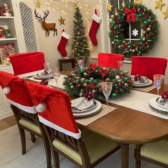 Christmas Chair Covers Hat Chair Back Covers for Xmas Holiday Chair Covers Set of 4, Stretch Parsons Chair Slipcovers Removable Washable kitchen for Home Hotel Banquet Holiday Decoration(4Pcs)