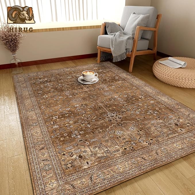 Washable Area Rug 4' x 6' Vintage Traditional Persian Mat - Foldable Distressed Non-Slip Machine Washable Carpet for Living Room Bedroom Kitchen Home Decor - Bronze and Ivory