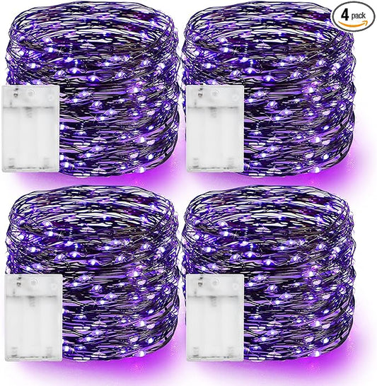Dazzle Bright Purple Fairy String Lights, 4 Pack Total 80FT 240LED Copper Wire Battery Operated Waterproof Lights, Halloween Decorations for Indoor Home Outdoor Patio Yard Party Decor