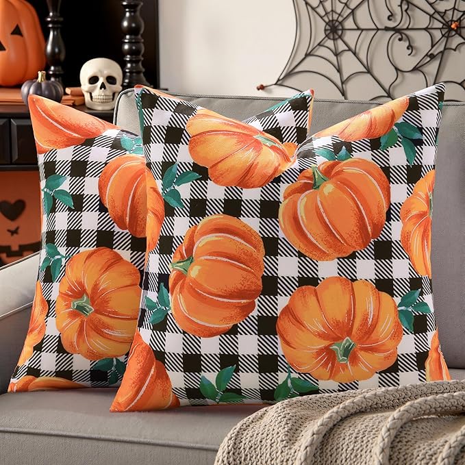 decorUhome Fall Orange Pumpkin Linen Decorative Throw Pillow Covers 20x20 Set of 2, Buffalo Plaid Check Farmhouse Gingham Cushion Covers with Stitched Edge for Autumn Harvest Couch Sofa Bed