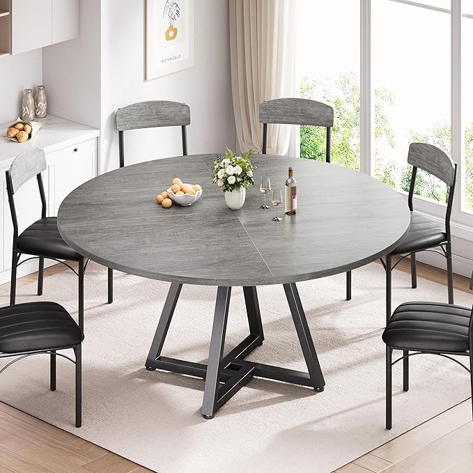 51“ Round Kitchen Dining Room Table for 6-8, Circle Dining Dinner Table with Pedestal Metal Frame, Space Saving Wood Industrial Furniture for Small Space (Grey, 51In)