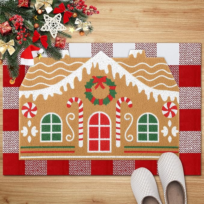 2 Pcs Christmas Door Mat Gingerbread House Welcome Non Slip Coir Mats Merry Xmas Red White Buffalo Plaid Floor Layering Doormats Seasonal for Front Porch Entryway Decor(Gingerbread House)