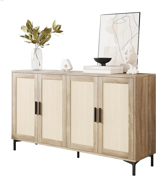Sideboard - Kitchen Buffet Cabinet with Rattan Decorated Doors, Accent Cabinets with Doors, Coffee Bar Cabinets Rattan Sideboard Buffet Cabinet with Storage (Natural with 4 Doors)
