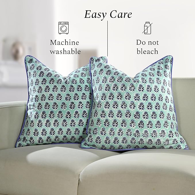 CPC 100% Cotton Throw Pillow Covers 18x18 Inch, Set of 2 Blue Block Print Pattern Couch Pillow, Cute Boho Decorative Pillows for Living Room, Bedroom with Hidden Zipper- Poppy Blue