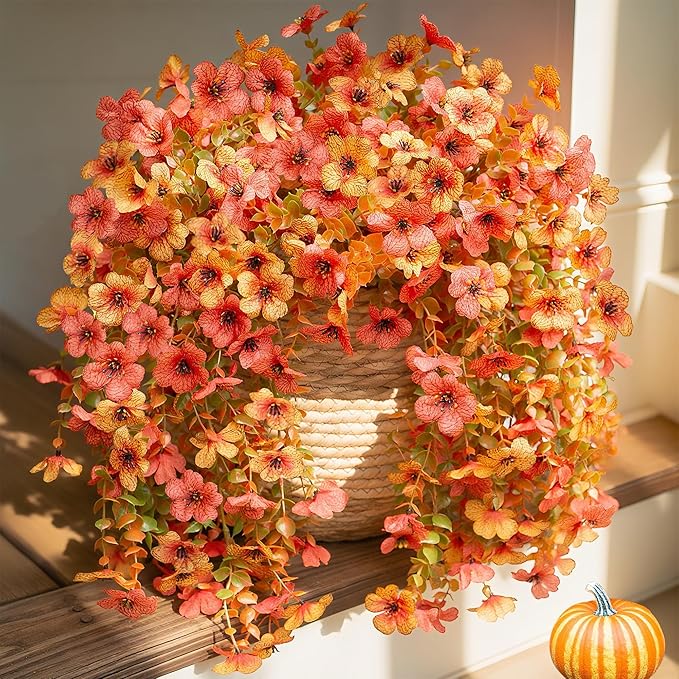 Artificial Flowers for Outdoors Fall Decoration, 2Pcs Fall Orange Yellow Hanging Flowers with Autumn Eucalyptus Leaves Faux Silk Flower Decor for Home Porch Patio Balcony Planter Yard
