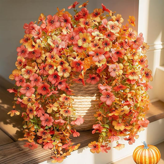 Artificial Flowers for Outdoors Fall Decoration, 2Pcs Fall Orange Yellow Hanging Flowers with Autumn Eucalyptus Leaves Faux Silk Flower Decor for Home Porch Patio Balcony Planter Yard
