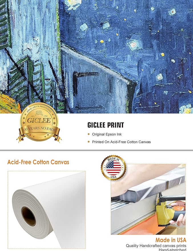 DECORARTS - Cafe Terrace At Night. Vincent Van Gogh Art Reproduction. Giclee Print on Canvas. Wall Art for Home. 40x32