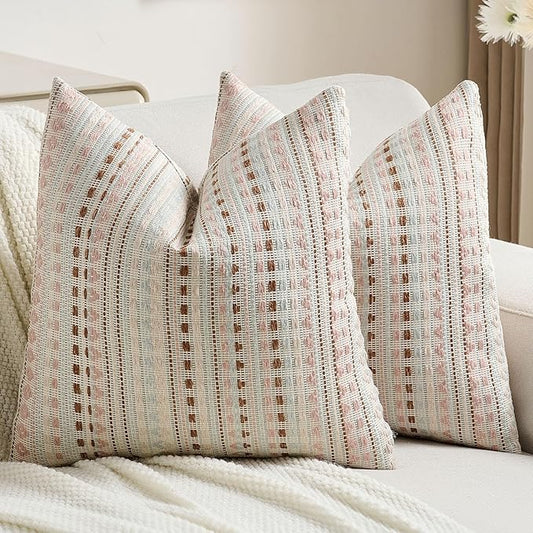 FUTEI Pink Blue Decorative Throw Pillow Covers 24x24 Inch Set of 2,Soft Cozy Chenille Jacquard Textured Euro Pillow Shams,Boho Home Decor for Couch Bed Living Room