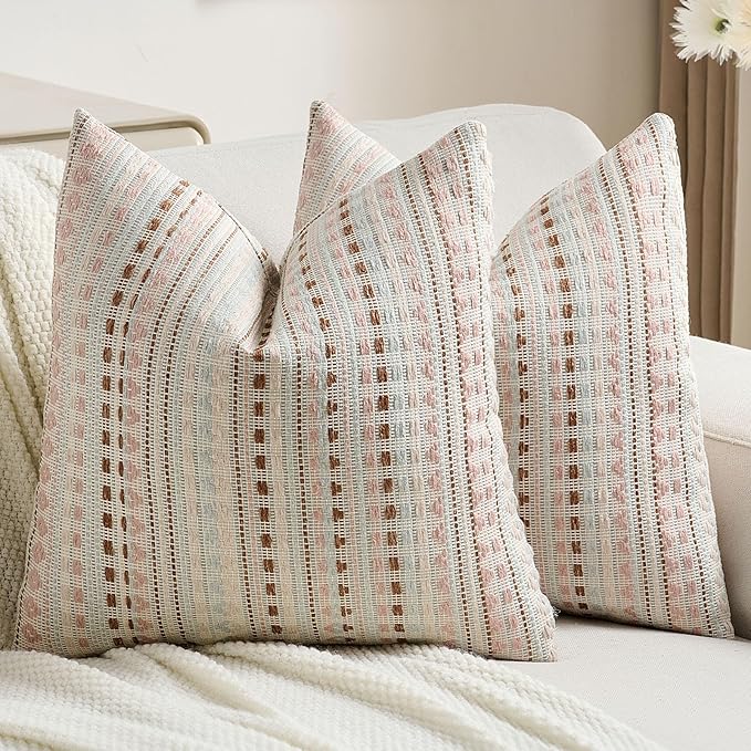 FUTEI Pink Blue Decorative Throw Pillow Covers 20x20 Inch Set of 2,Soft Cozy Chenille Jacquard Textured Cushion Case,Boho Home Decor for Couch Bed Living Room