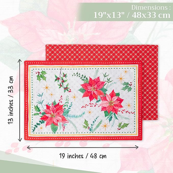 Maison d' Hermine Placemats Set of 4 100% Cotton Washable Cloth Place Mats, Reusable Table Mats for Kitchen Dining Decoration, Party, Wedding, Restaurant (Poinsettia Christmas, 13" x 19")