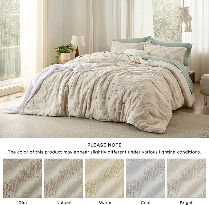 Bedsure King Size Comforter Set Beige, Boho Tufted Bed Set, Checkered Farmhouse Shabby Chic Bedding, 3 Pieces, 1 Plaid Geometric Comforter and 2 Pillow Shams