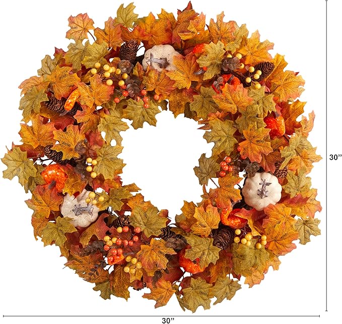 Nearly Natural 30in. Autumn Pumpkin and Maple Leaf Artificial Fall Wreath