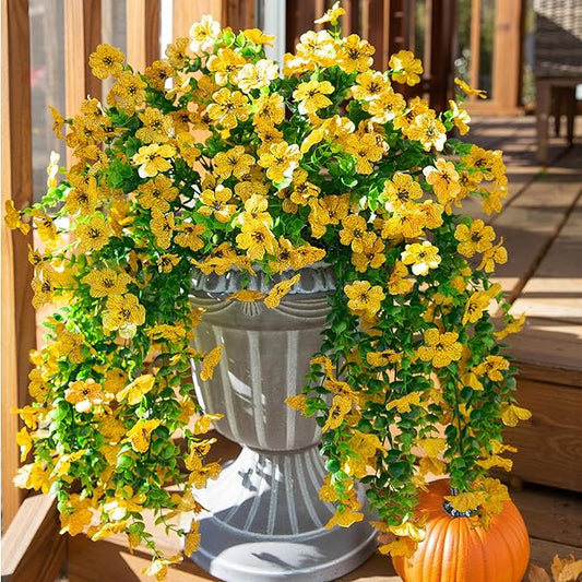 Artificial Hanging Flowers for Outdoors Decoration, 2pcs Fake Daisy with Eucalyptus Leaves for Garden Yard Porch (Yellow)