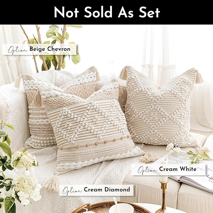 Cream White Boho Throw Pillow Cover 20X20, Boho Woven Textured Pillow Cover, Neutral Pillow Cover, Sofa Couch Bed Farmhouse Lumbar Pillow (Cover ONLY)