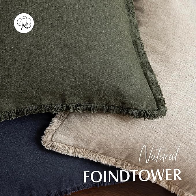 Foindtower Set of 2 Decorative Linen Fringe Lumbar Throw Pillow Covers Boho Farmhouse Cushion Cover with Tassels Accent Pillowcase for Couch Sofa Bed Living Room Home Decor,12×20 Inch,Dark Olive Green