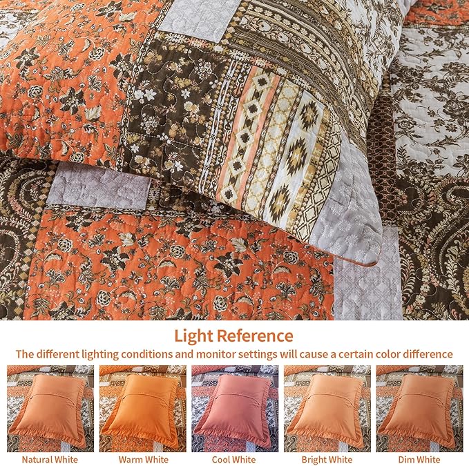 VAPUTAR Quilts King Size - Fall Cotton King Size Quilt Bedding Set, 3 Piece Lightweight Soft King Bedspreads Cotton Boho King Quilt Set, Floral Bedding Set for Farmhouse Bedroom (Dream Orange)