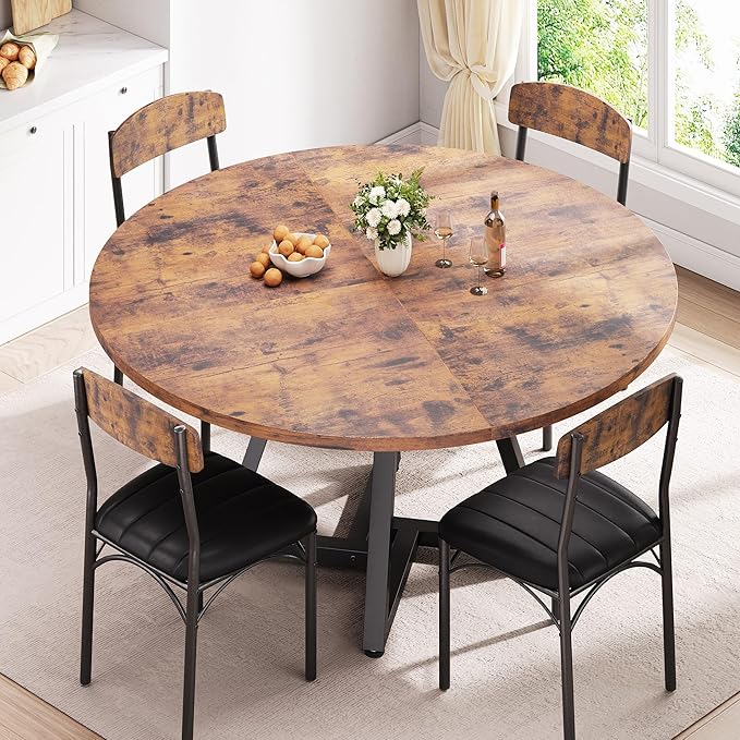 51“ Round Kitchen Dining Room Table for 6-8, Circle Dining Dinner Table with Pedestal Metal Frame, Space Saving Wood Industrial Furniture for Small Space (Rustic Brown, 51In)