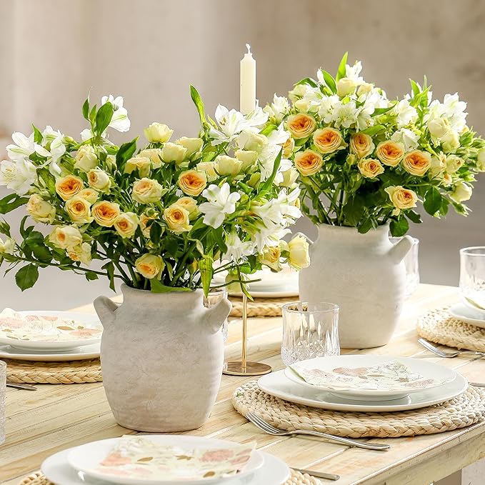 Ceramic Flower Vase Home Decor - Farmhouse Table Vases with Handle Living Room Decoration Vintage Decorative Aesthetic for Shelf Coffee Dining Desk House Bookshelf Fireplace (7.1" Rustic)