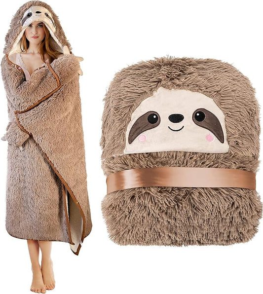 Sloth Wearable Hooded Blanket for Adults - Fluffy Super Soft Shaggy Faux Fur, Fuzzy Warm Cozy Plush Furry Fleece & Sherpa Hoodie Throw Cloak Wrap - Sloth Gifts for Women Adults and Kids
