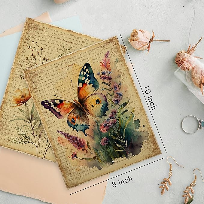 HRQKO Vintage Floral Butterfly Wall Art Poster Prints Set of 4, Floral Wall Art, Retro Butterfly Artwork Printing Posters Wall Decor, Watercolor Flower Prints for Bedroom Living Room 8”x10” Unframed