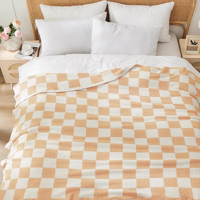 JOOJA Soft Cozy Checkerboard Peach Blanket Fluffy Knit Throw for Couch Plaid Checkered 50x60 in
