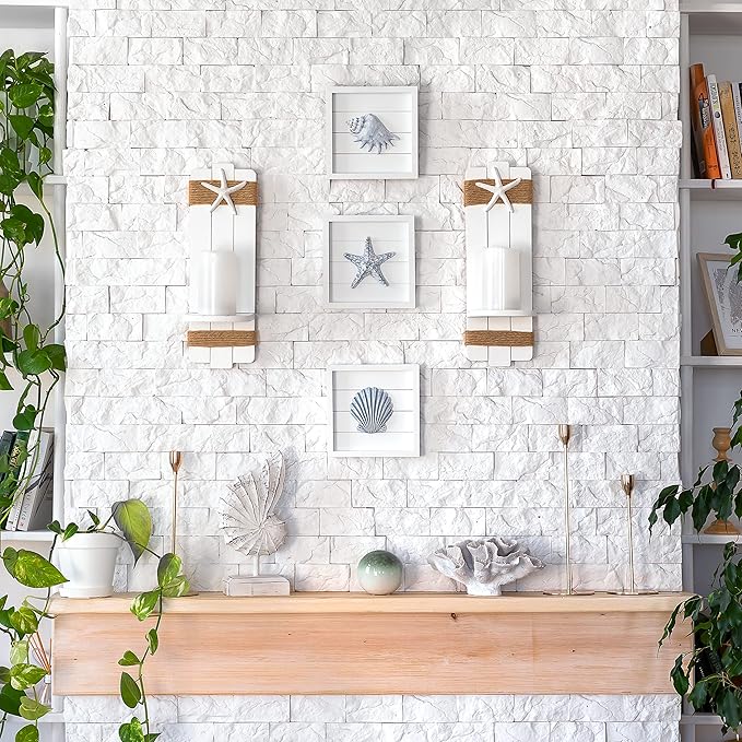 TideAndTales Blue Seashells and Starfish (Framed Set of 3) Coastal 3D Wall Art, Beach Wall Decor for Bathroom or Coastal Bedroom, Ocean Inspired Seaside Decorations for Home or Beach House (7"x7")