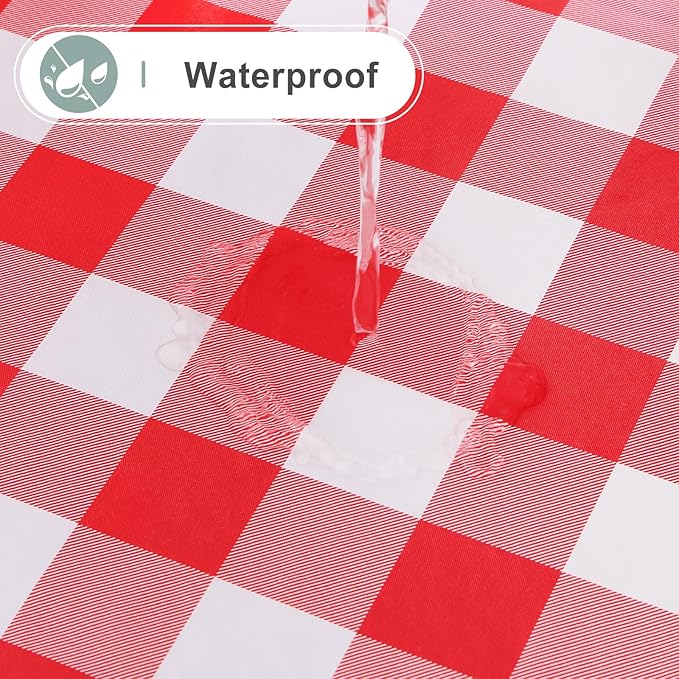 misaya Round Waterproof Vinyl Table Cloth, Buffalo Flannel Backed Tablecloth, Wipeable Plastic Table Cover for Dinner, Kitchen, Picnic (60", Red and White)