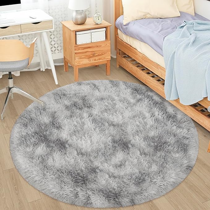 4x4 ft Tie Dye Grey Round Rug for Bedroom Room Fluffy Circle Rug Furry Carpet Shaggy Circular Fuzzy Washable Non-Slip Large Area Rug Soft Indoor for Living Room Cute Aesthetic Home Decor