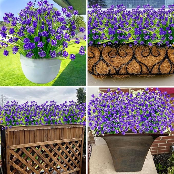 12 Bundles Artificial Flowers for Outdoors Summer Decor, Realistic UV Resistant Fake Plants Faux Plastic Flowers for Outside Planter Home Gardens Patio Porch Yards Spring Cemetery Decor(Purple)