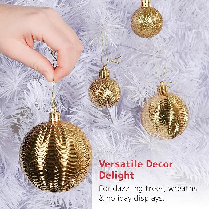 Prextex 36pc Shatterproof Gold Christmas Balls Ornament Set - Festive Christmas Tree Ornaments in 3 Different Sizes and 6 Styles - Holiday Decoration with Hanging Loops for Tree, Wreath, Party Decor